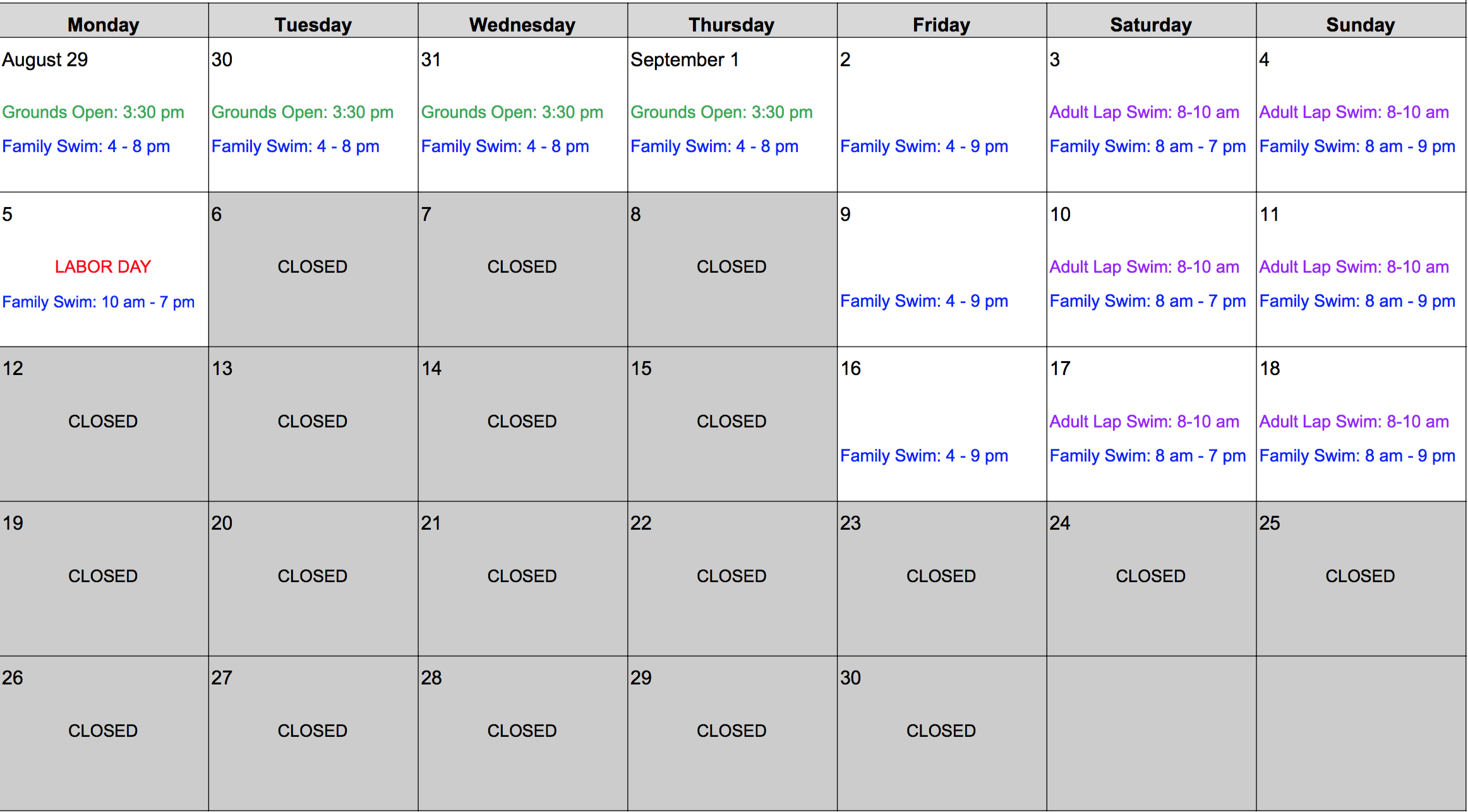 Pool Schedule Skyline Acres